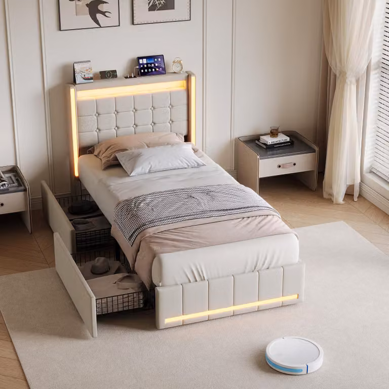 Letto imbottito 90x200 cm con 2 cassetti, illuminazione LED RGB, porta USB-C, 2 porte USB, testiera contenitore, rete a doghe, letto singolo, color beige