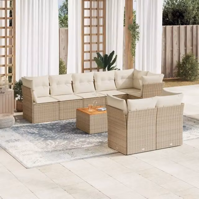 Set Divano da Giardino a L vidaXL in Polyrattan con Cuscini Beige e Tavolino da Esterno 9 pz – 1