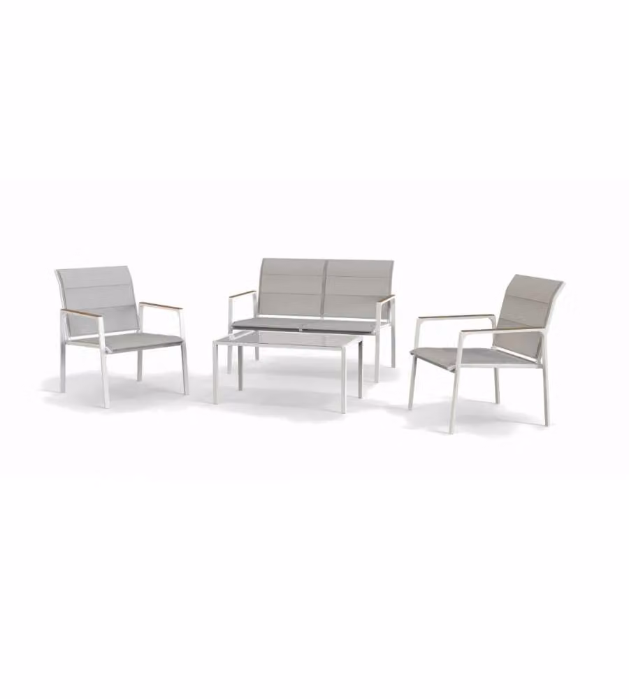 Set da giardino Caprera con divano a 2 posti, 2 poltrone e tavolino in stile moderno, struttura in acciaio verniciato a polvere e sedute in tessuto beige e bianco con cuscini inclusi