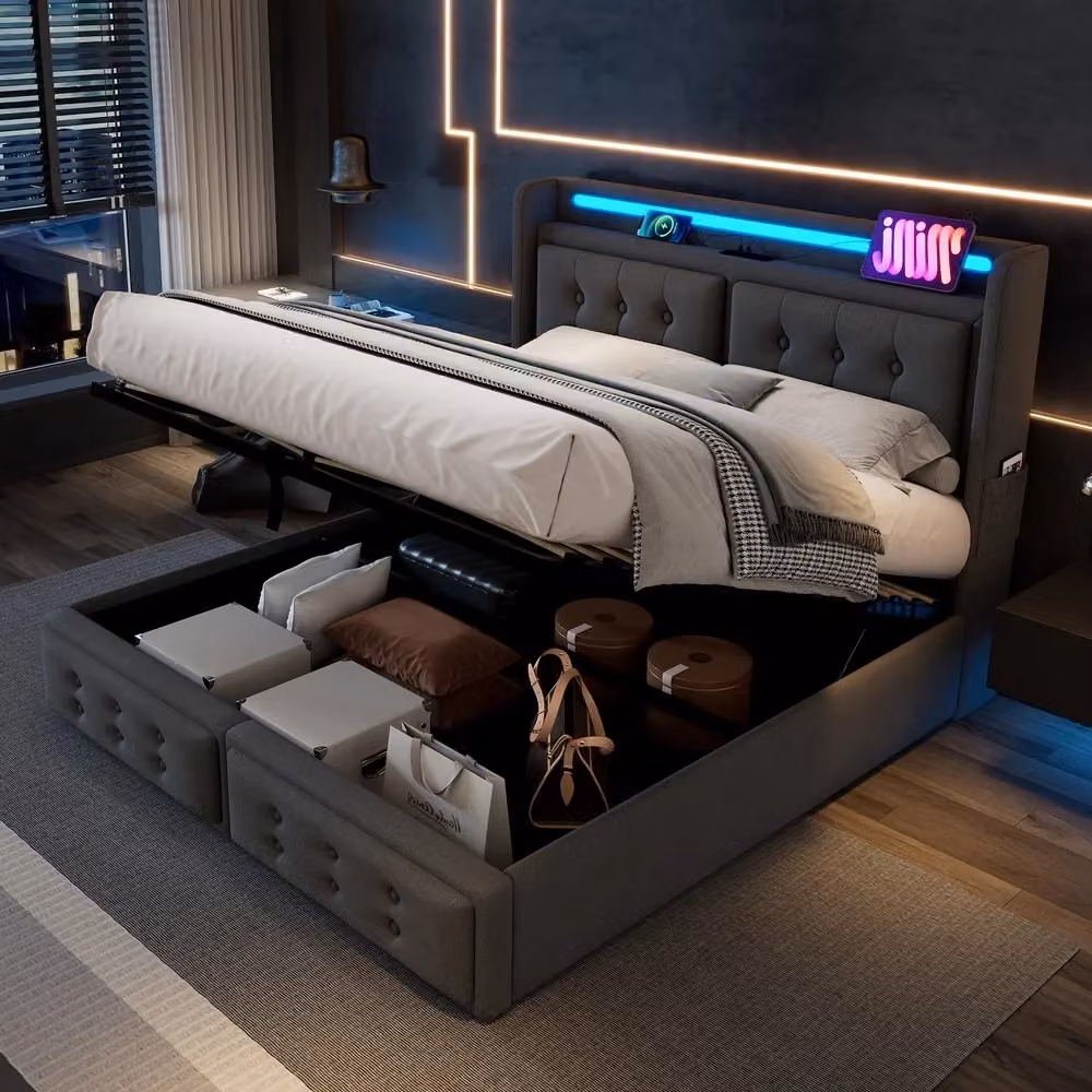 Letto Matrimoniale Imbottito Minimal con Contenitore Idraulico, Testiera con LED, USB e Mensola, Grigio, L/P: 180 x 200 cm – 2