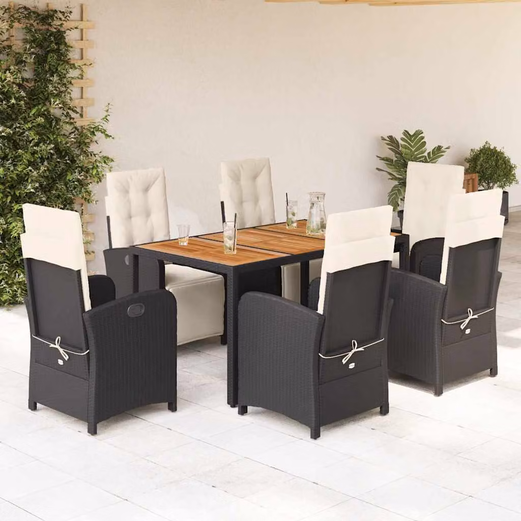 Set da Pranzo da Giardino vidaXL in Polyrattan Nero con Cuscini e Tavolo in Legno di Acacia per 7 Persone – 1