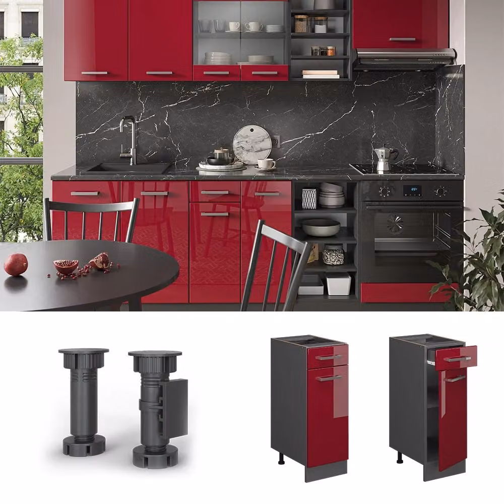 Mobiletto base per cucina Vicco R-Line Rosso lucido e Antracite con Rovere, L: 30 cm, H: 81,6 cm, P: 60 cm – 2