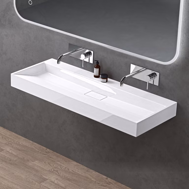 doporro Lavabo da Appoggio Bagno Sospeso Lavandino Rettangolare in Marmoresina con Piletta di Scarico Inclusa Colossum19, 120x46x11 cm Bianco Lucido Senza Foro per Rubinetto