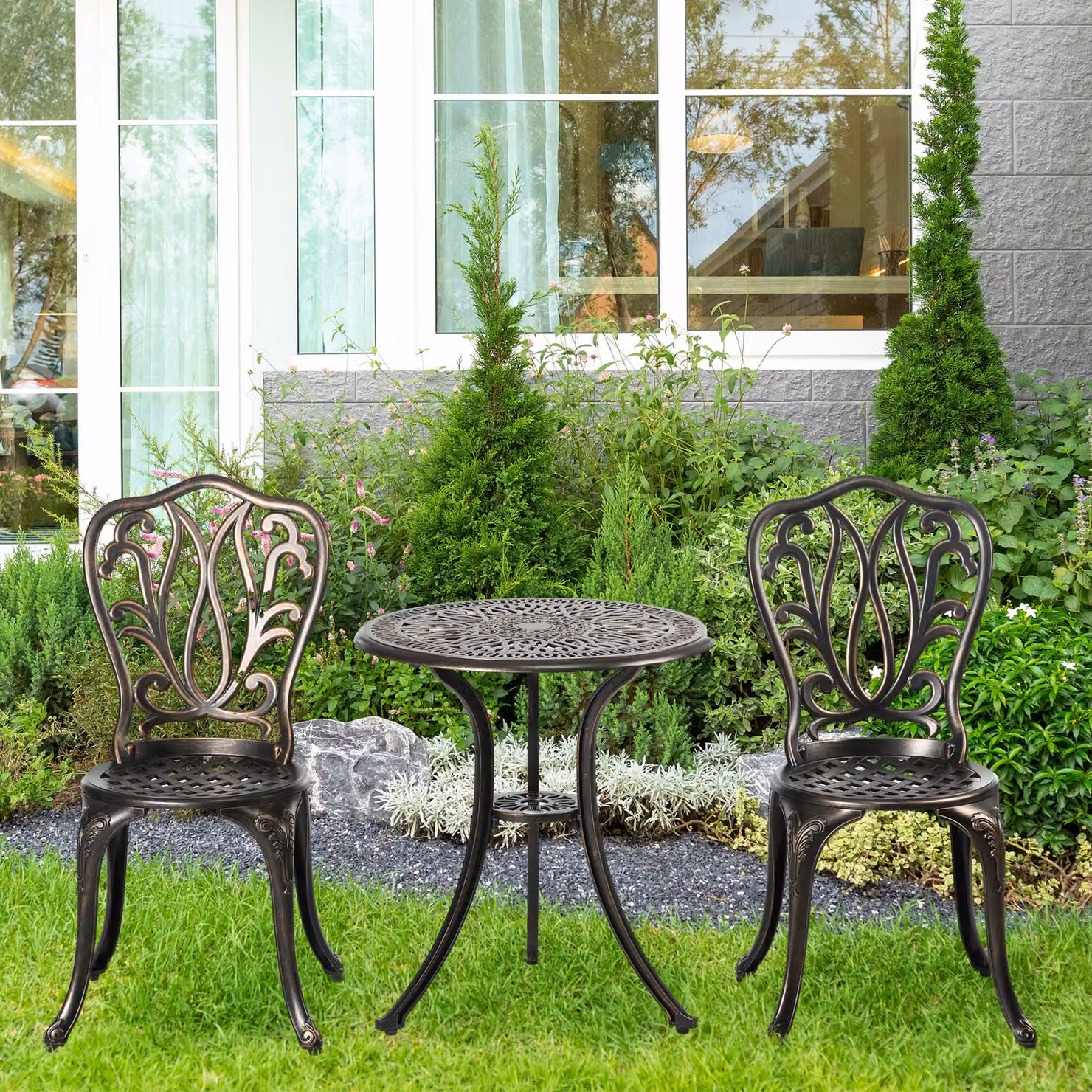 Set da giardino Outsunny per 2 persone con tavolo rotondo e 2 sedie in alluminio pressofuso color bronzo stile retrò – 2