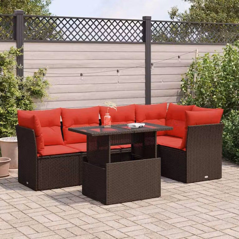 Set Divano da Giardino vidaXL 6 Pezzi in Polyrattan Marrone con Cuscini e Tavolino da Esterno a Forma di U