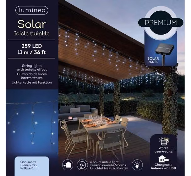 Lumineo Solar Icicle Lights, 1100 cm, 259L, nero/bianco freddo, 496296