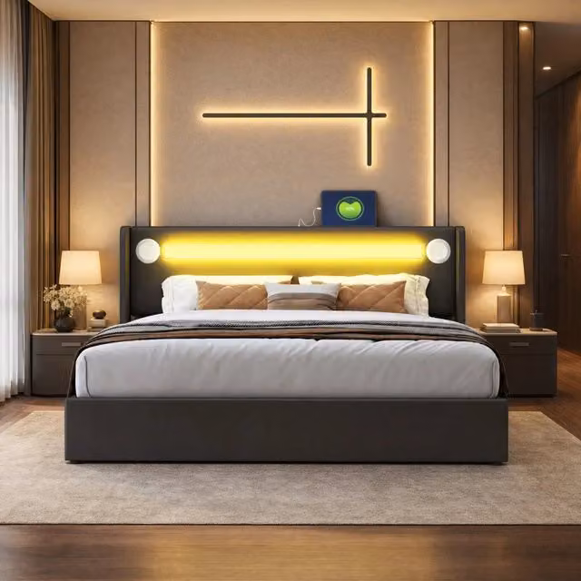 Letto contenitore 160x200 cm nero in similpelle con LED, Bluetooth e USB