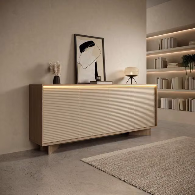 Madia Hataga DMORA con illuminazione integrata e ripiani interni, colore marrone rovere e beige, L: 204 cm, P: 40 cm, H: 84 cm – 1