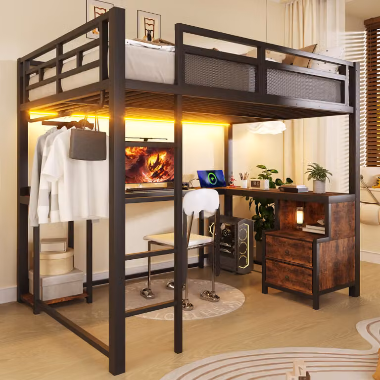 Letto a castello in metallo, 140 x 200 cm, con illuminazione a LED, stazione di ricarica USB, scrivania, ripiani e appendiabiti. Letto singolo, stile industriale, colore nero, materiale: acciaio