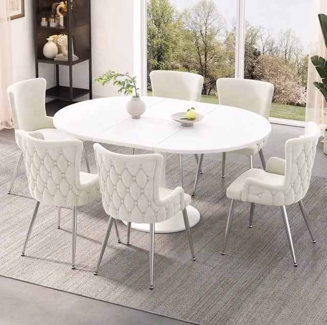 Set di 6 sedie da pranzo in velluto beige con gambe in metallo argentato