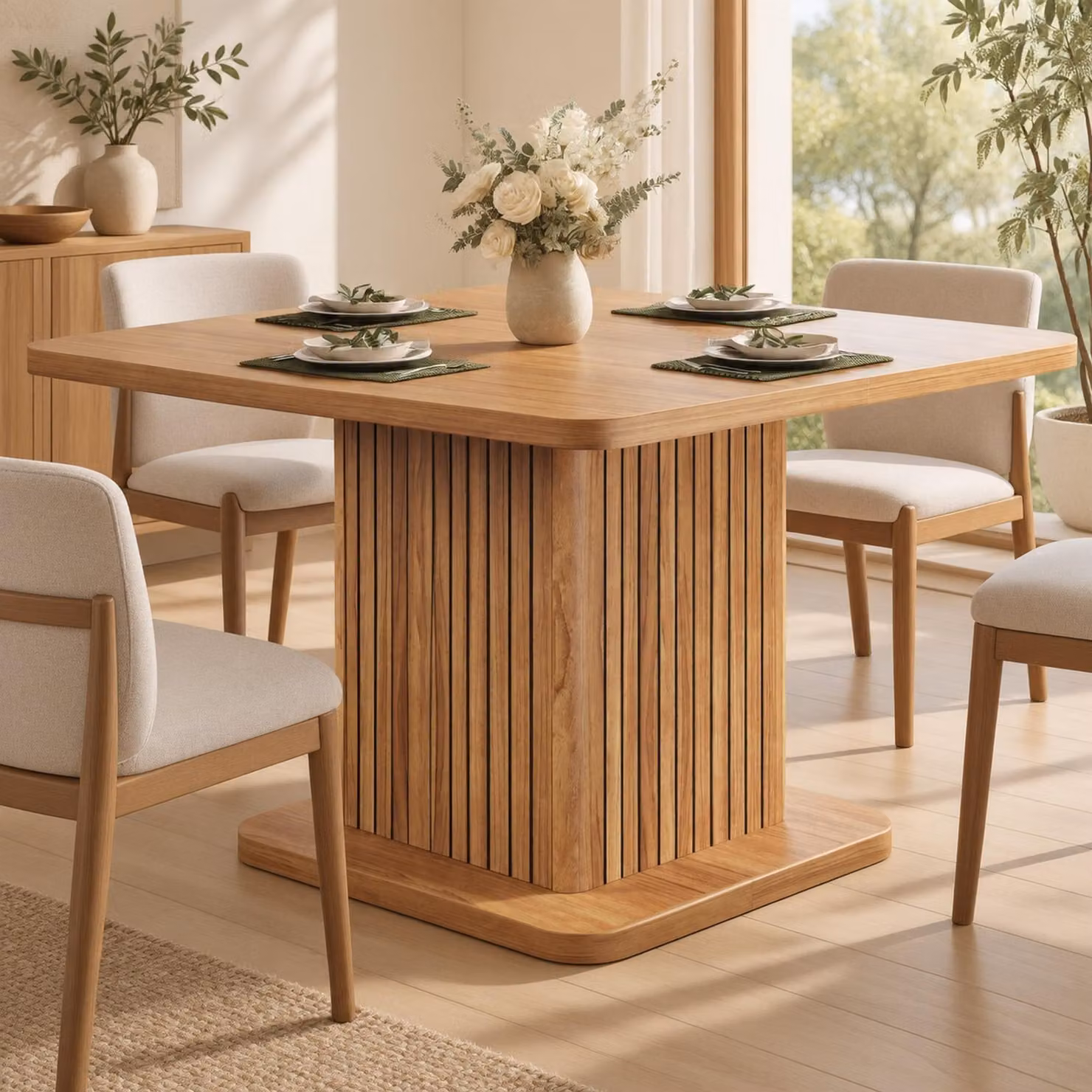 Tavolo da cucina moderno con spazio contenitivo, tavolo quadrato con frontale sagomato, tavolo compatto per la sala da pranzo, in legno
