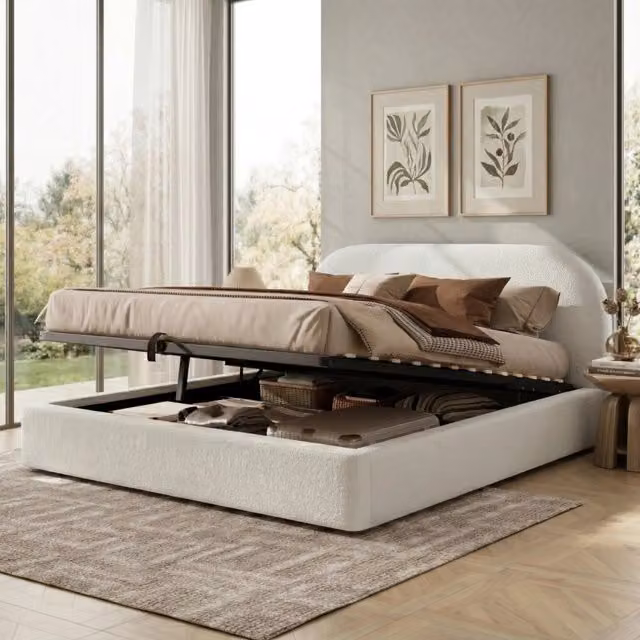Letto imbottito con contenitore idraulico e testiera, 160x200 cm, bouclé beige