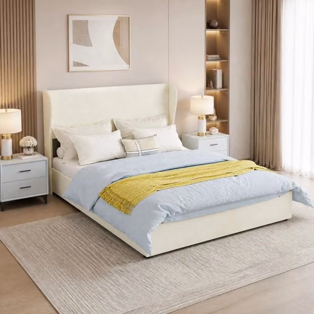 Letto contenitore 140 × 200 cm con sollevamento a gas, senza materasso, in tessuto e metallo, beige