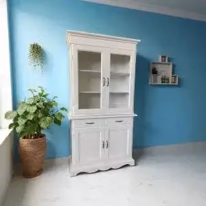 Credenza cristalliera Alberta KIVIO in legno e vetro bianco con ante in vetro e ripiani interni per sala da pranzo H: 205 cm, L: 110 cm, P: 45 cm – 2