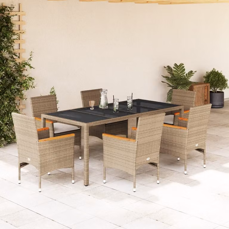Set da pranzo da giardino vidaXL in polyrattan e legno di acacia con cuscini beige e piano in vetro bianco, 7 pezzi