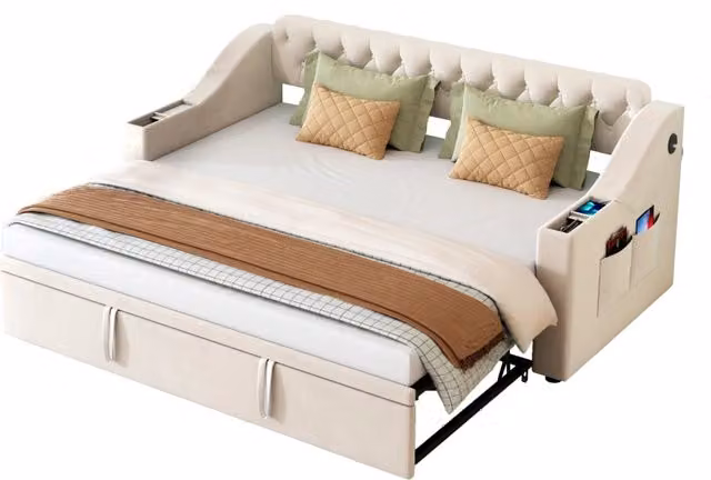 Divano letto estraibile 90x190/180x190 cm con USB e Type-C; vani contenitore; velluto beige