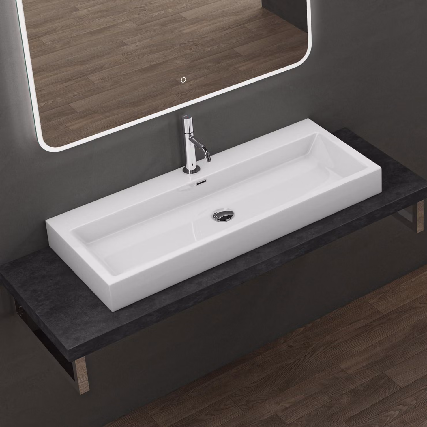doporro Lavabo da Appoggio Rettangolare, Lavabo Bagno Sospeso con Foro Rubinetto e Troppopieno, Lavandino in Marmo Resina Bianco Lucido 120x42x10cm, Colossum06