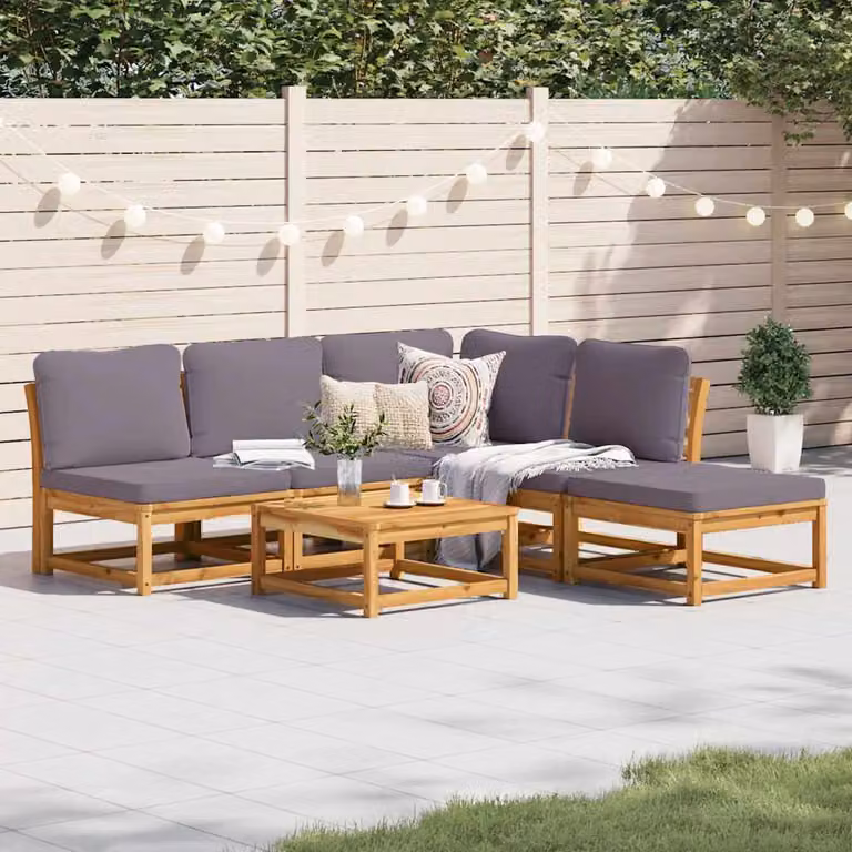 Set Salotto da Giardino vidaXL 6 pz in Legno di Acacia con Cuscini, Design Moderno a L, Marrone e Grigio