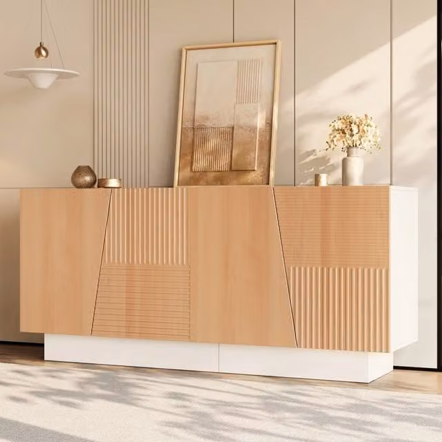 Credenza e madia moderna OKWISH con 4 ante e ripiani regolabili per soggiorno e sala da pranzo, Bianco e Beige, L: 160 cm, P: 40,5 cm, H: 72 cm