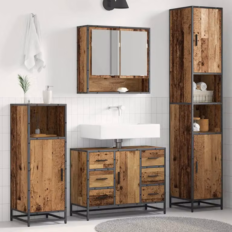 Set di mobili per il bagno moderno vidaXL in legno vecchio marrone composto da armadietto con specchio, mobile lavabo e colonna alta, L/P/H: 90 x 33 x 60 cm