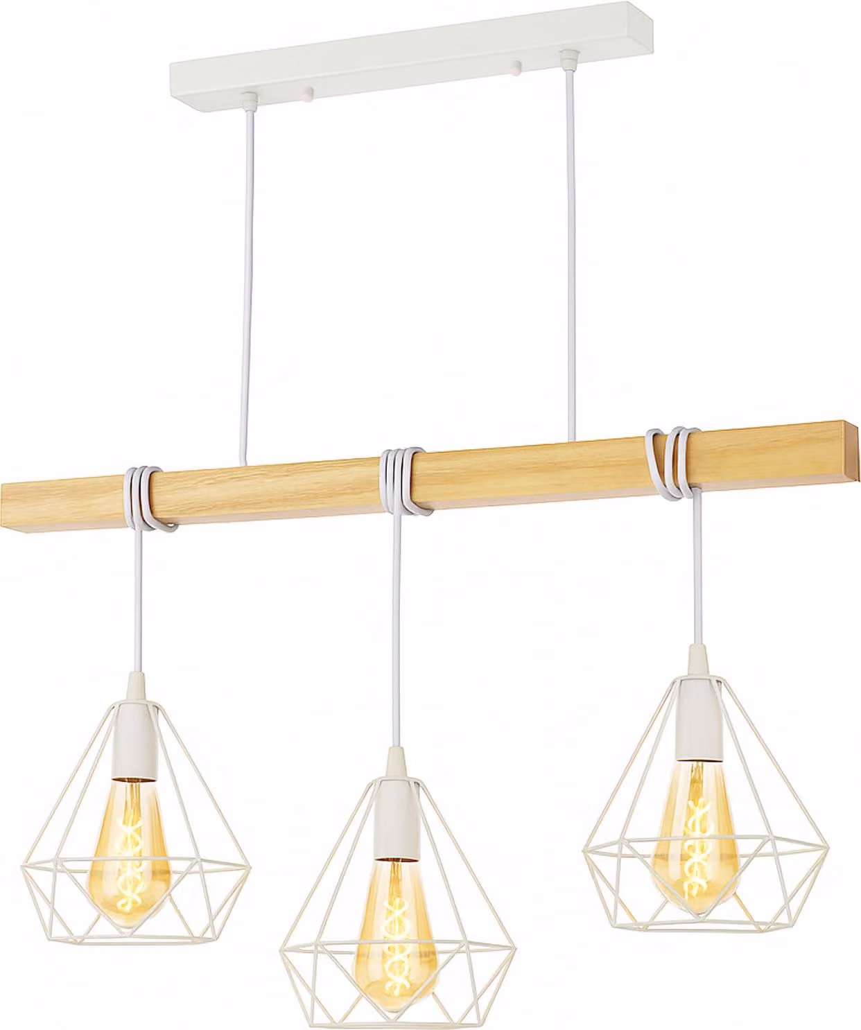 lampada a sospensione a 3 luci - Legno e metallo con paralumi a gabbia bianchi - Stile nordico e retrò - Attacco E27