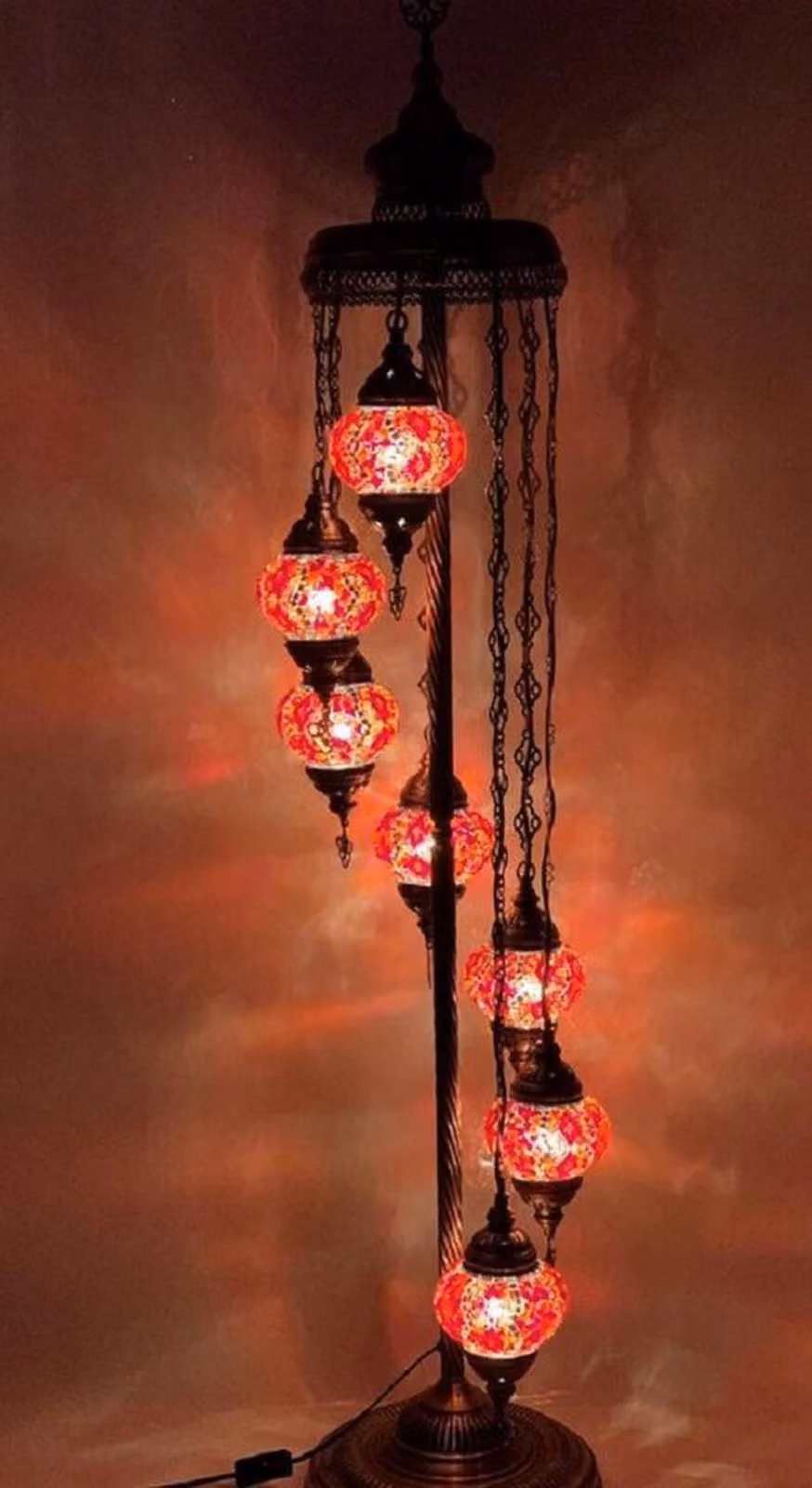 Lampada da terra turca fatta a mano con 7 sfere di vetro colorate rosse - lampada da terra orientale alta 160 cm