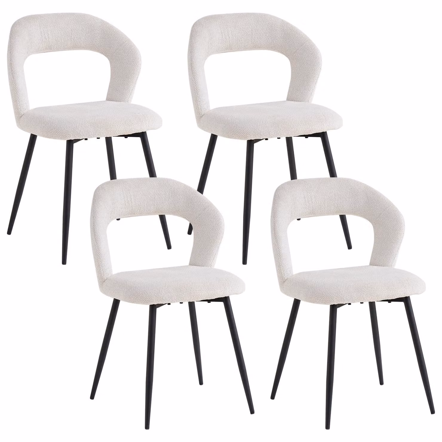 Set di 4 sedie da pranzo imbottite - Tessuto di lino - Schienale con motivo a fori - Gambe in metallo - Colore beige - Stile moderno e minimalista