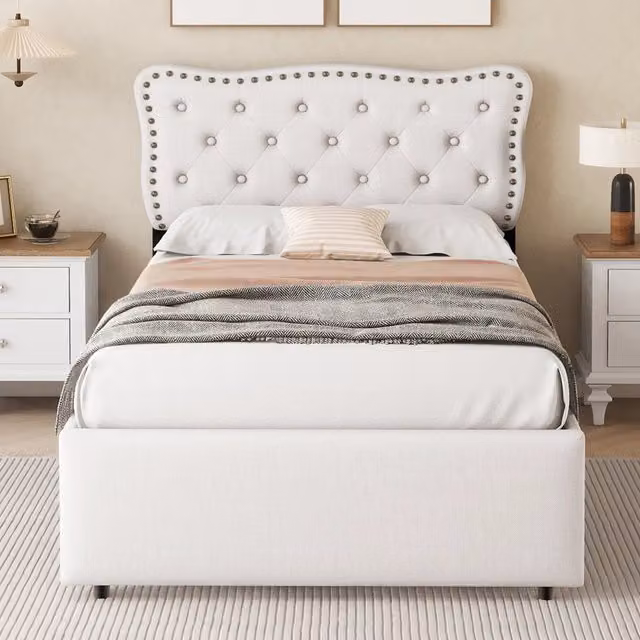 Letto Mivray con cassetti imbottito e testiera regolabile in tessuto beige e bianco L/P/H: 90 x 200 x 203 cm