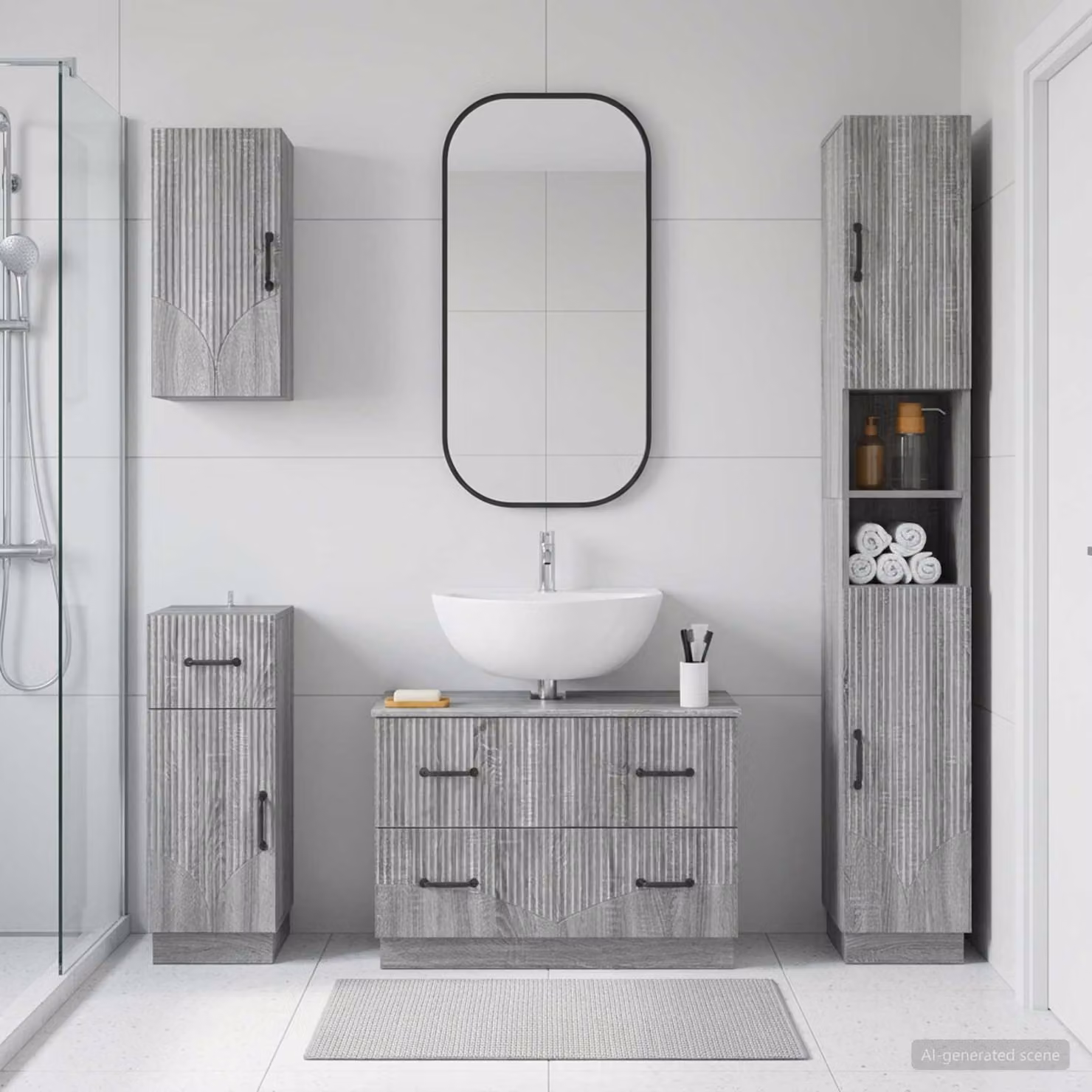 Set di mobili da bagno moderno vidaXL HOORN composto da 4 pezzi in legno e MDF colore grigio opaco