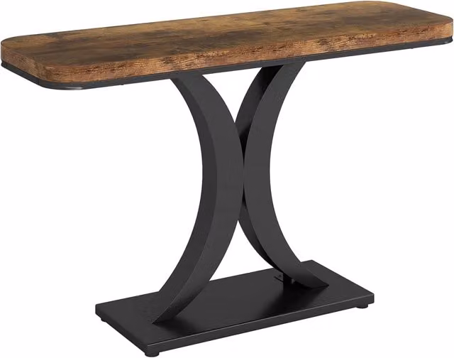 Tavolo consolle in stile industriale con piano curvo in legno marrone e struttura metallica nera, 100x29,5 cm