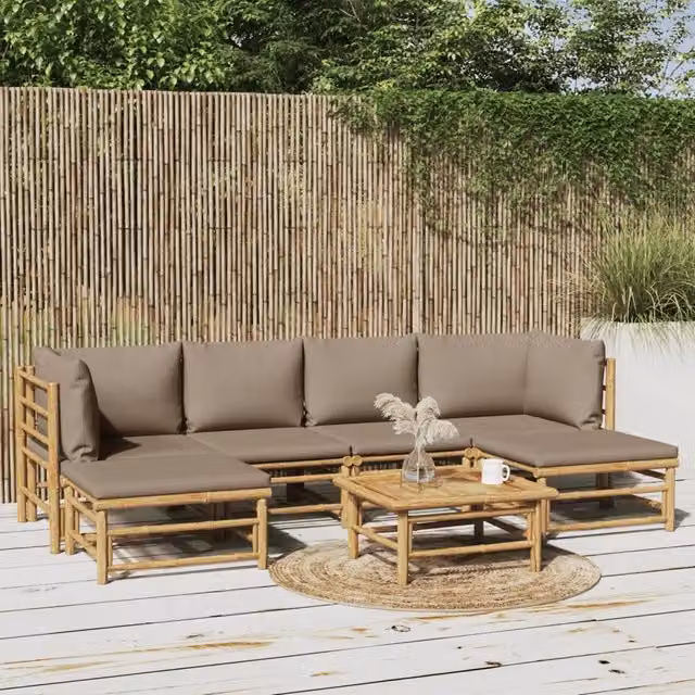 Set Salotto da Giardino 7pz con Cuscini Tortora Bambù 3155133