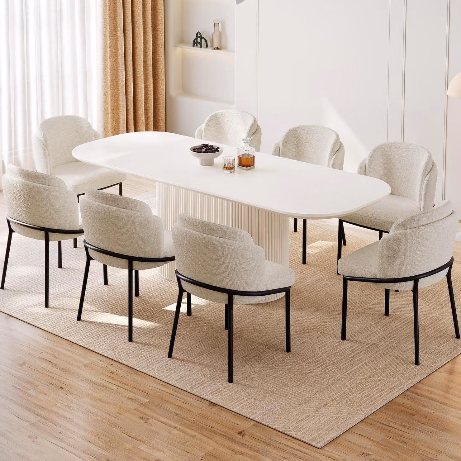 Set da pranzo con tavolo rettangolare e 8 sedie imbottite, design scandinavo, colore bianco, lunghezza 220 cm