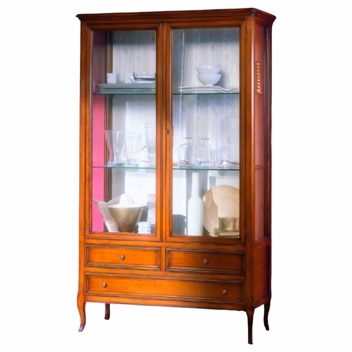 Vetrina classica Mobili 2G in legno con ante in vetro e 3 cassetti finitura Bassano L: 108 cm, P: 40 cm, H: 175 cm – 2
