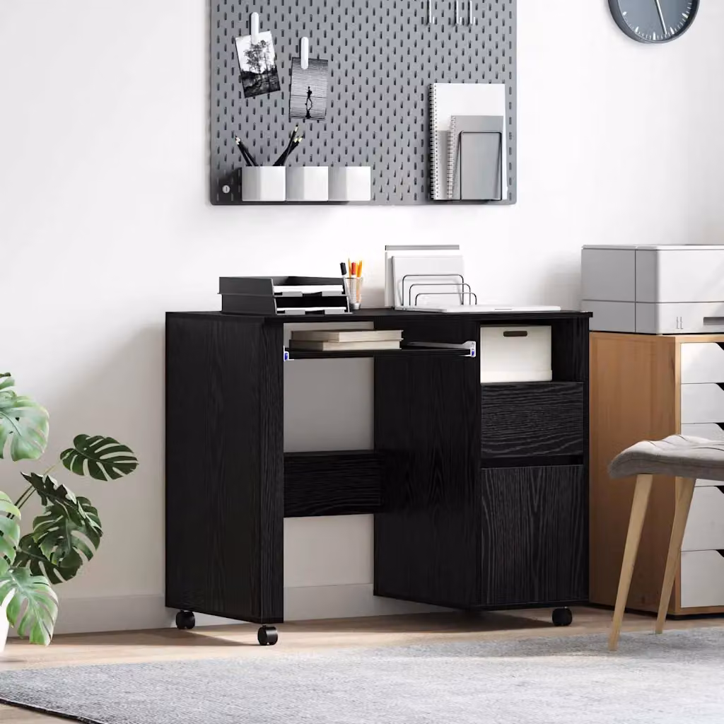 Scrivania da ufficio moderna vidaXL in legno MDF color nero e rovere con ruote L: 120 cm, P: 60 cm, H: 75 cm