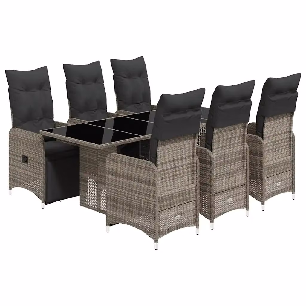 Set Bistrò da Giardino vidaXL in Polyrattan Grigio con Cuscini e Tavolo in Vetro, 7 Pezzi – 2