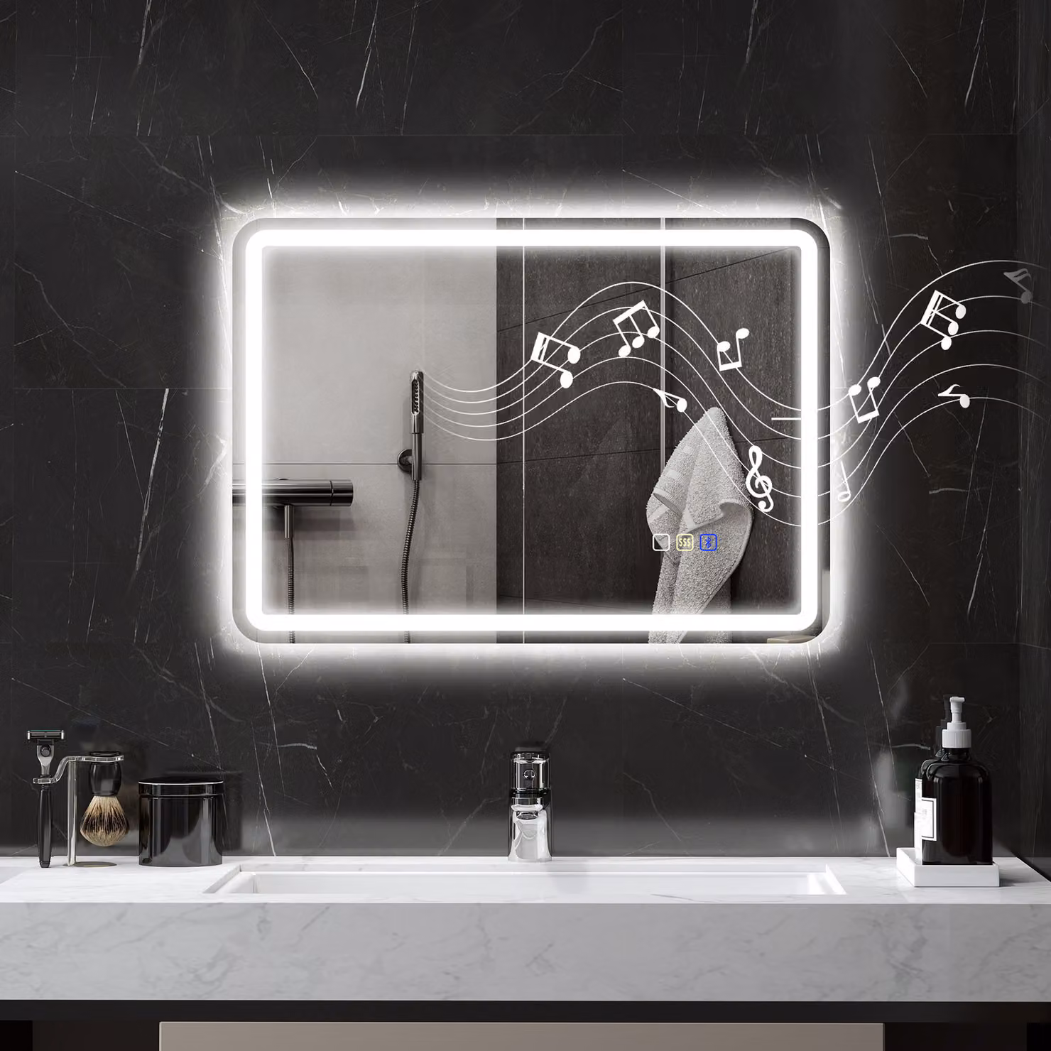 Specchio da bagno HOMCOM con illuminazione LED regolabile, pad antiappannamento e design moderno, color argento – 2