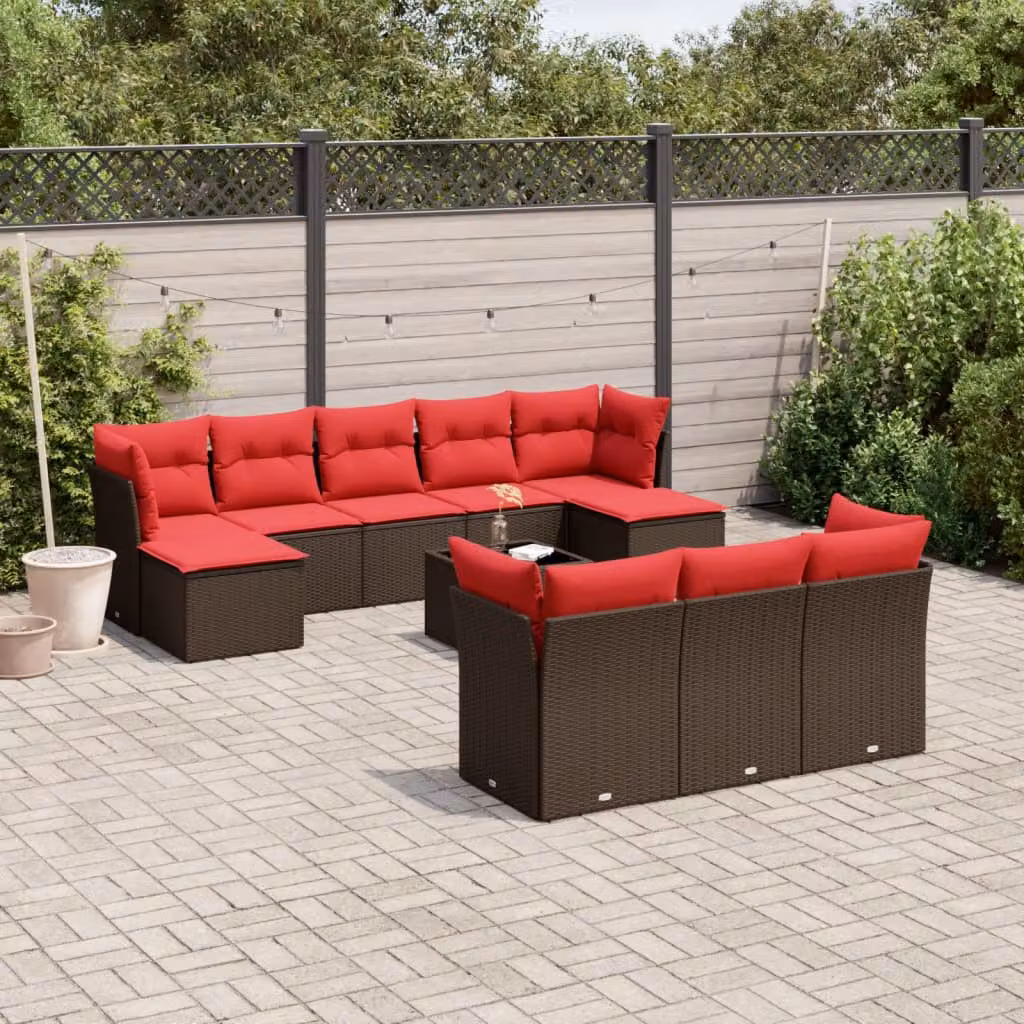 Set di divani da giardino vidaXL 11 pezzi in polyrattan marrone con cuscini