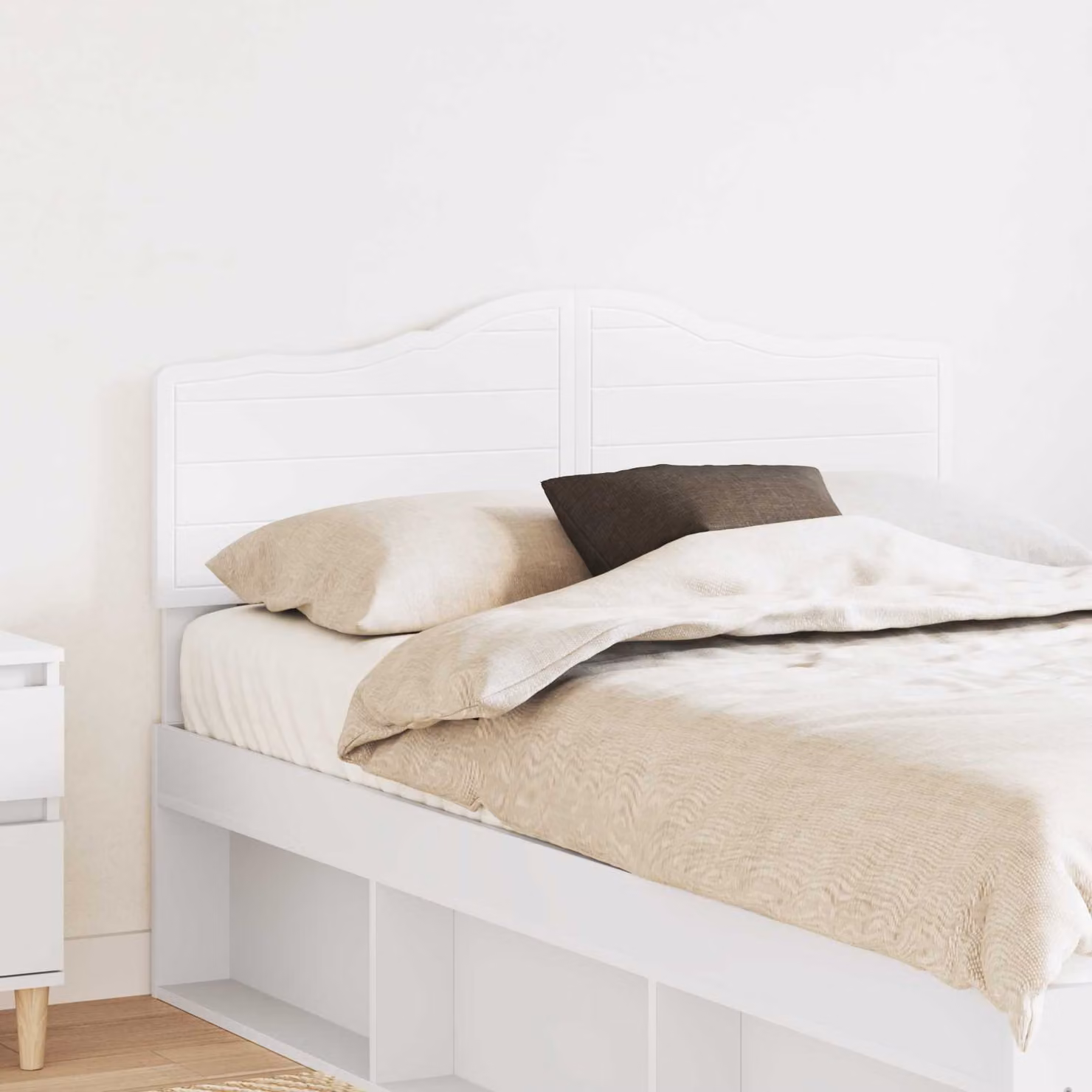 Testiera per letto vidaXL in legno ingegnerizzato bianco con scomparti laterali e design minimalista