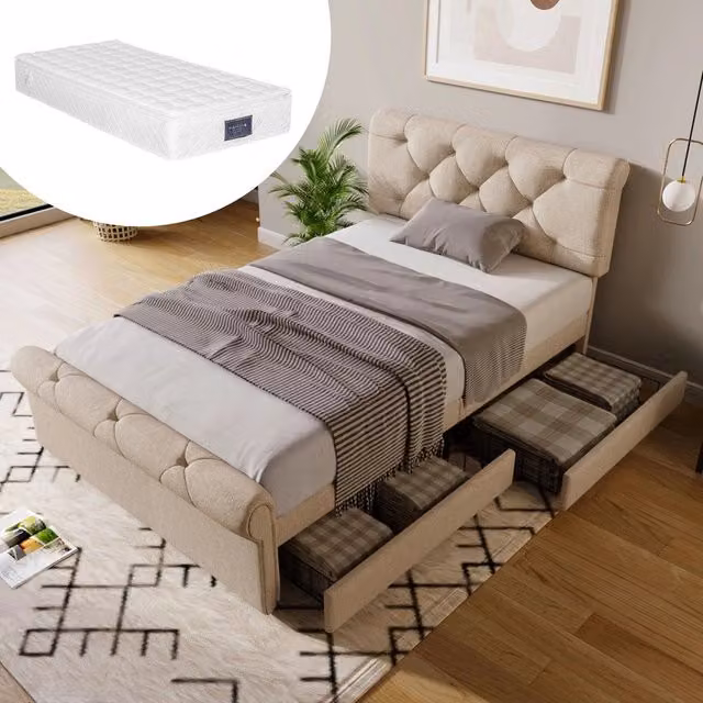 Letto imbottito singolo con cassetti e testiera regolabile ¨C Minimal ¨C Velluto beige 90x200cm con materasso