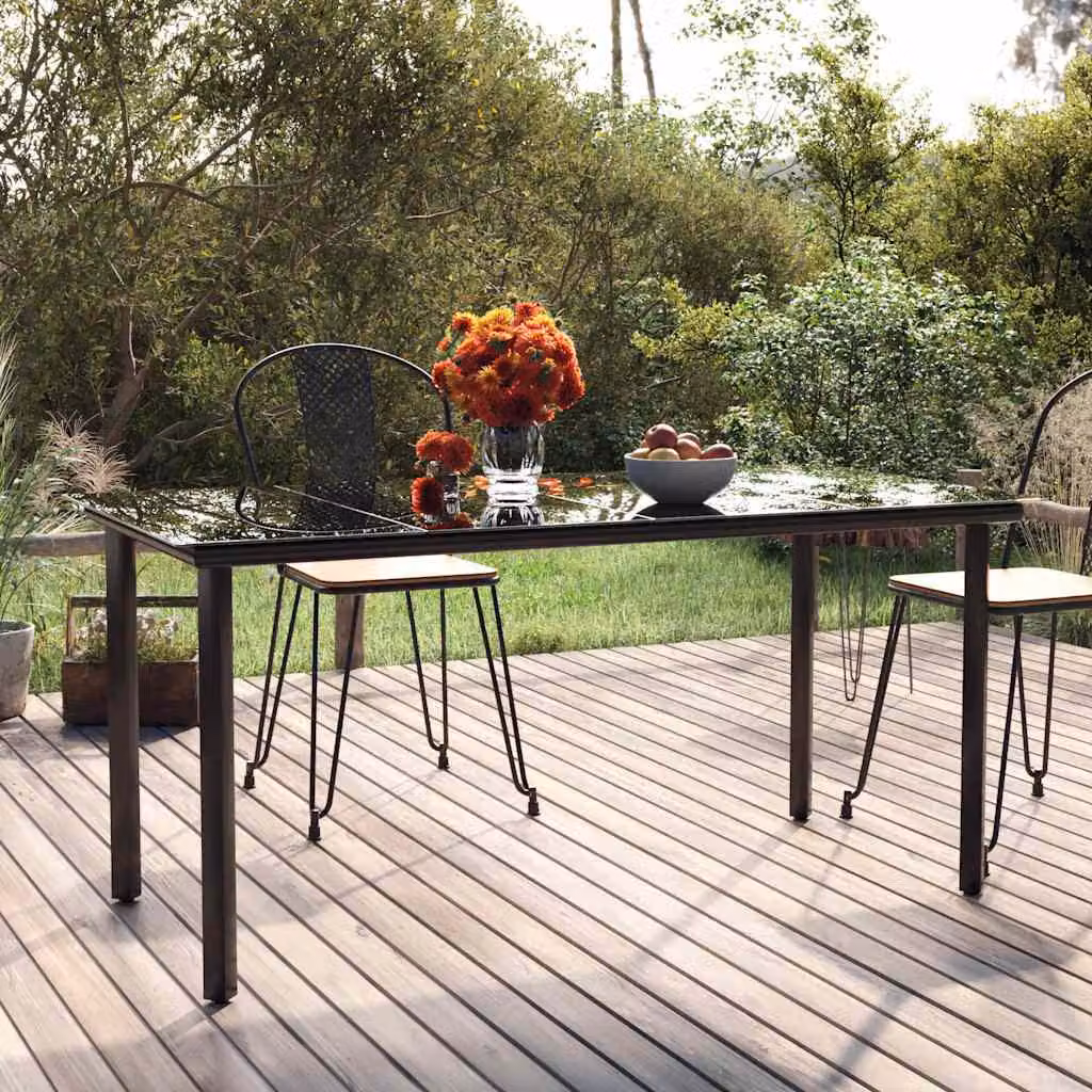 vidaXL Tavolo da giardino moderno in acciaio e vetro temperato, Nero, L: 160 cm, P: 80 cm, H: 74 cm