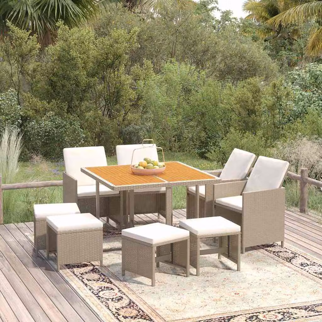 Set da pranzo da giardino vidaXL in polyrattan e legno di acacia con 9 pezzi e cuscini beige e bianchi