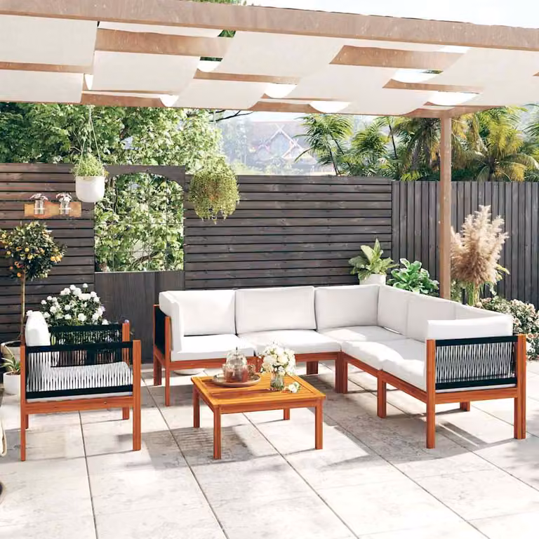 vidaXL Set da Giardino 7 Pezzi in Legno di Acacia e Corda con Cuscini Beige e Bianco