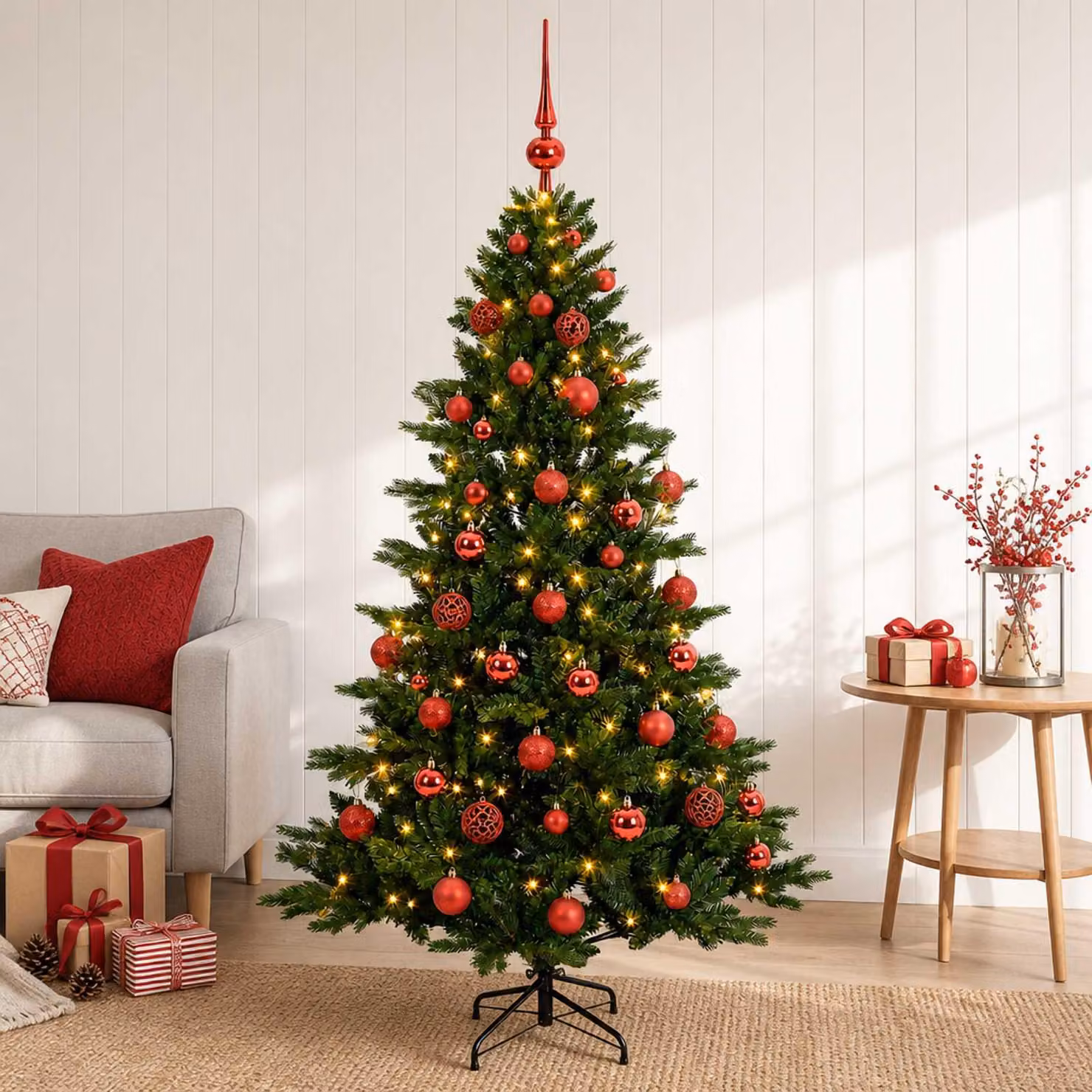 Albero di Natale artificiale con decorazioni natalizie, altezza 150 cm, 150 luci LED