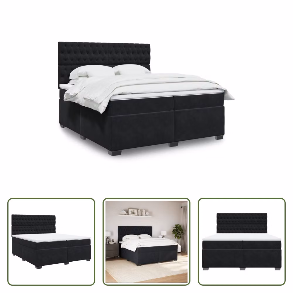 The Living Store Letto a molle con materasso nero 200x200 cm in velluto
