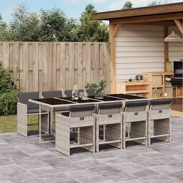 Set Pranzo da Giardino 9pz con Cuscini Grigio Chiaro Polyrattan 3211103