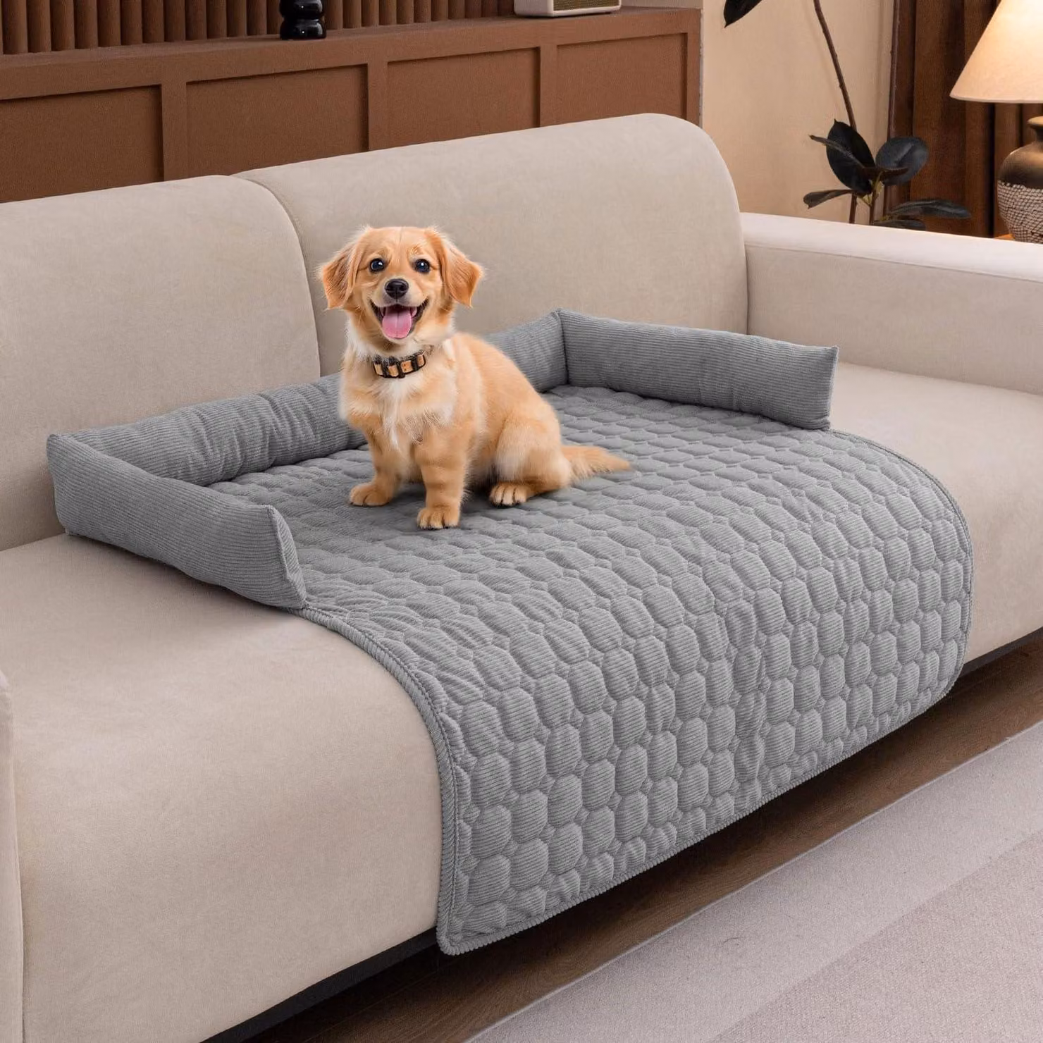 Copertura per divano per animali domestici, in peluche, lavabile, antiscivolo, grigio chiaro, dimensioni 90 x 90 x 12 cm