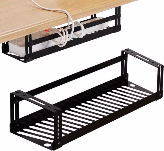 Organizer per cavi da 17 pollici da posizionare sotto la scrivania - Supporto metallico per cavi - Supporto per prese elettriche - Organizer per cavi - Supporto per cavi da ufficio, nero