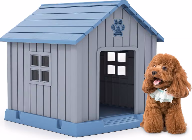 Cuccia per cani COSTWAY, casa per gatti invernale PP, casa per animali domestici con ingresso, 2 finestre, pavimento rialzato e tetto spiovente, per cani di piccola e media taglia, gatti