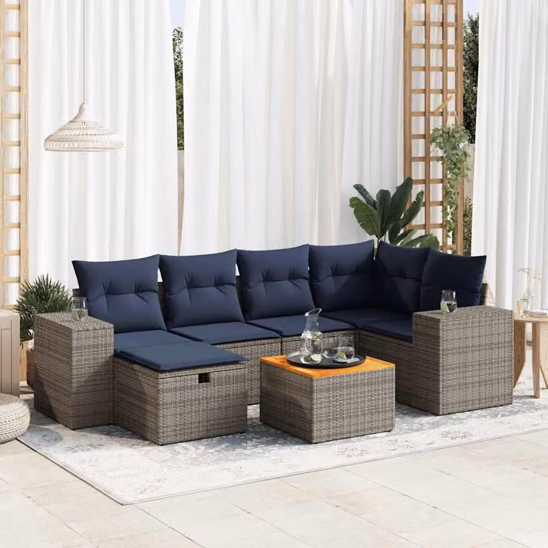 Set da giardino vidaXL composto da 7 pezzi con cuscini in polyrattan e struttura in acciaio, colore grigio e blu, design moderno a forma di L per esterno