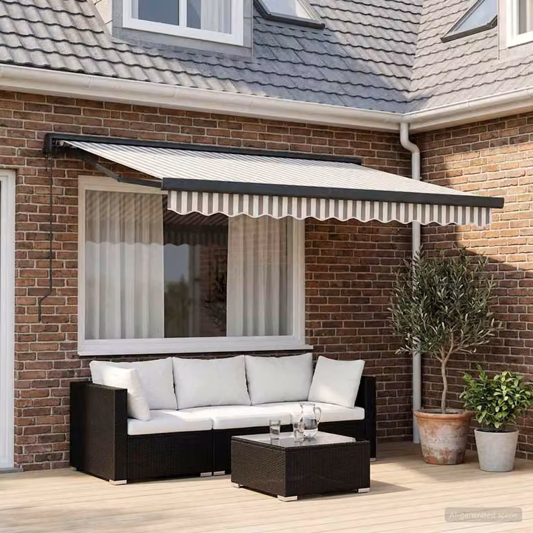Tenda retrattile vidaXL con bracci pieghevoli in poliestere, Grigio chiaro e bianco, L 300 x P 250 cm